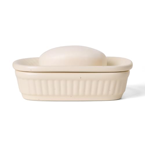 ANTIS'S HOME Ceramic Double Layer Self Draining Soap Dish Bathroom Kitchen | Minimalist vintage appearance; Double-layer draining tray keeps soap dry, ideal for shower, bathroom & kitchen - color: Apricot Red