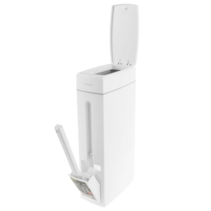 Bathroom Trash Can and Toilet Brush Set, Narrow Slim Can With Pop-up Lid, Modern White Mini Rectangular Bin for Limited Small Space