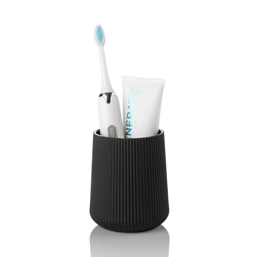 YAUKPH Black Striped Toothbrush Holder | for Electric Toothbrushes Bathroom Organizer Cup for Toothpaste Kids & Adults - color: Black Ribbed