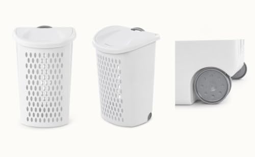 White Plastic Rolling Laundry Hamper with Lid and Ventilated Body | Large Rolling Laundry Hamper with Lid & Telescoping Handle - Portable Plastic Clothes Basket on Wheels for Bedroom