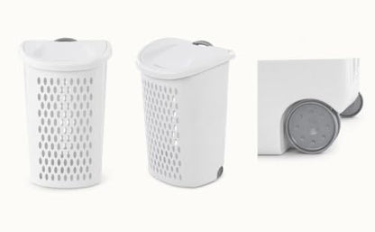 White Plastic Rolling Laundry Hamper with Lid and Ventilated Body | Large Rolling Laundry Hamper with Lid & Telescoping Handle - Portable Plastic Clothes Basket on Wheels for Bedroom