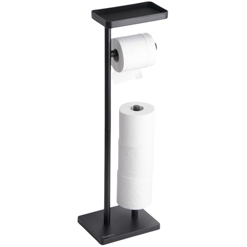 Clasin Home Black Toilet Paper Holder Stand with Metal Top Shelf, Free Standing Bathroom Tissue Roll Holder with Weighted Base and Storage for 4 Rolls - color: Black