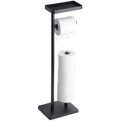 Clasin Home Black Toilet Paper Holder Stand with Metal Top Shelf, Free Standing Bathroom Tissue Roll Holder with Weighted Base and Storage for 4 Rolls - color: Black