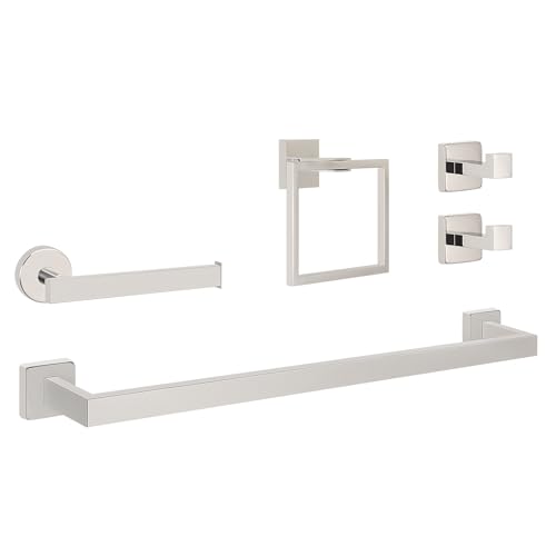 NearMoon 5 Pieces Bathroom Hardware Set 304 Stainless Steel, Square Towel Rack Kit - 24" Towel Rod + Towel Ring + Toilet Paper Holder + 2 Robe Hooks, Wall Mounted Bath Accessories (Chrome Finish) - color: Chrome Finish