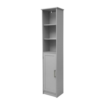 Pemberly Row Freestanding Linen Tower Storage Cabinet, 15"W x 9"D x 70"H, Gray Finish, Engineered Wood with Adjustable Shelves, Magnetic Door and Decorative Top, Slim Space-Saving Design for Bathroom