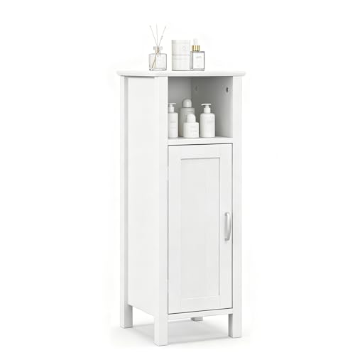 COSTWAY Bathroom Storage Cabinet, Freestanding Narrow Storage Organizer with Open Shelf & Adjustable Shelf, Small Slim Floor Cabinet for Bathroom, Living Room, Entryway, Office, White | with Open Shelf & Adjustable Shelf, Small Slim Floor Cabinet for Bath