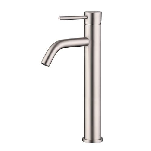 SUMERAIN Brushed Nickel Tall Bathroom Vessel Sink Faucet | Single Handle, Single Hole, 304 Stainless Steel, Water-Saving, with Faucet Supply Lines, Easy DIY Install - color: Brushed Nickel, size: Vessel Sink faucet