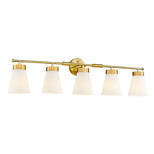 Bathroom Light Fixture, HWH 5-Light Bathroom Vanity Light Brushed Gold Vanity Lighting Over Mirror, Modern Vanity Lights with Frosted White Striped Glass, 5HZG97B-5W BG - color: Brushed Gold, size: 5-Light