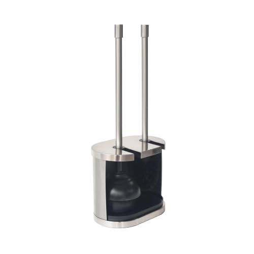 Metal Toilet Bowl Brush and Plunger Set, Brushed Nickel Finish, 2-in-1 Caddy, Open-Back Design, Plastic and Metal Construction