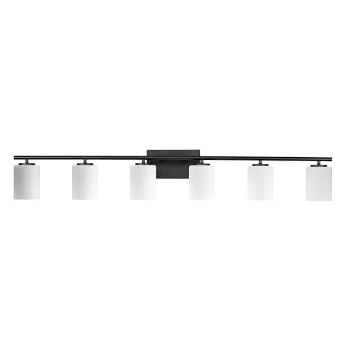 Progress Lighting Replay Collection 48 in. 6-Light Textured Black Etched White Glass Modern Bath Vanity Light - color: Textured Black, size: 6-Light