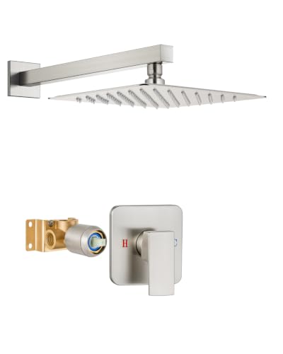 Heyalan 10 Inch Square Rain Shower Faucet Set with Valve, Brushed Nickel | Female-thread 1/2-inch NPT connections, SUS304 shower head, brass rough-in valve, single-handle control Shower Set - color: Nickel, size: 10 Inch Square Shower Head
