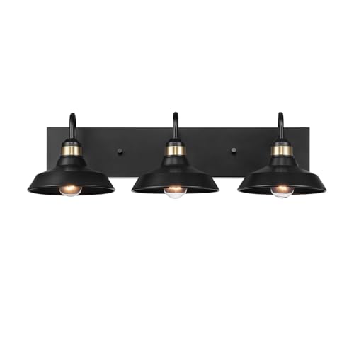 Globe Electric 63000199 24" 3-Light Vanity Light, Matte Black, Brass Accents, Exposed Bulb, Bathroom/Makeup Mirror, Wall Light - color: Cabernet