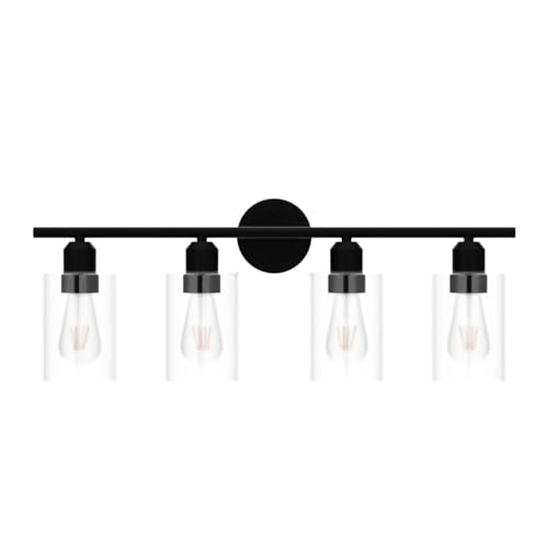 4 Light Bathroom Vanity Light Fixtures Black,Rustic Farmhouse Vanity Lighting Over Mirror Modern Industrial Lamp with Cylinder Glass Shade UL Certified - color: Matte Black, size: 4 Lights