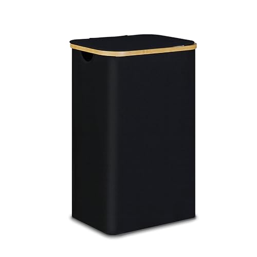 100L Laundry Hamper with Lid, Lagre Basket with Bamboo Handles,Foldable Clothes Hamper Tall Dirty Laundry Basket for Clothes Toys Towels Organizing,Black - color: Black, size: 100L with lid
