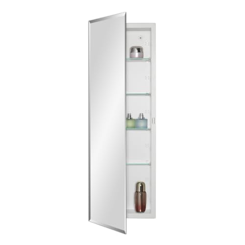 IDYLLOR Bathroom Medicine Cabinet with Beveled Edge Mirrored Door 12 x 36 inch, Recessed or Surface Mount, with Adjustable Glass Shelves - color: Matt White, size: 12x36 inch Beveled Edge Mirror