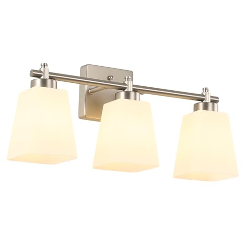 3-Light Modern Bathroom Vanity Light, Wall Sconce Over Mirror with Milky White Frosted Glass Shades, E26 Socket (Bulbs Not Included) - color: Brushed Nickel, size: 3-Light