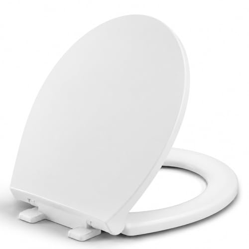 Round Toilet Seat, Slow Close, White Plastic, Never Loosen, 16.5” | Easy Installation, Easy Cleaning, Non-Slip Bumpers, Quiet Operation, Fits Standard Round Toilets - size: Round(Standard)