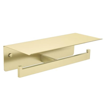 Brushed Gold Double Toilet Paper Holder with Shelf, 304 Stainless Steel Wall Mount Tissue Roll Holder for Bathroom - color: Brushed Gold, size: Double Rod