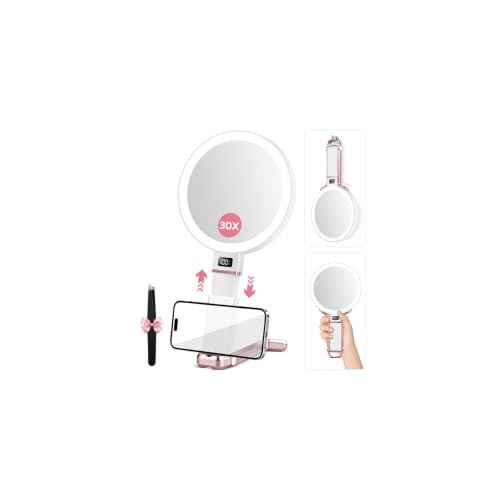 30X Travel Magnifying Mirror with Light, Height Adjustable Vanity Mirror with Phone Holder Stand, Portable Compact Handheld Makeup Mirror with Smart Display for Travel & Daily Makeup Use, Rosegold - color: Rosegold