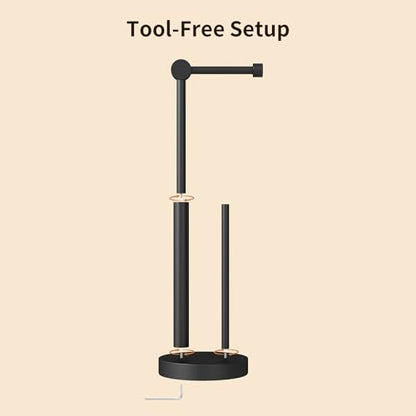 Toilet Paper Holder Stand with Storage & Weighted Base, Matte Black | Free Standing Stainless Steel Design with Open-Ring Arm for Easy Roll Replacement - color: Matte Black