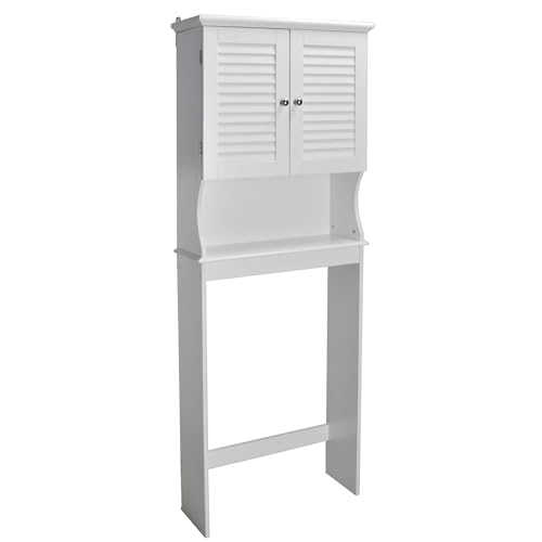 Redmon Louvered Double Doors Over the Toilet Space Saver Storage Cabinet (Full Side Panels), Adjustable Center Shelf, 23.50 Inch Width x 63.00 Inch Height, White Semi Gloss Enamel Finish