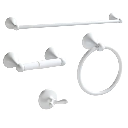 BGL Bathroom Accessories Set, White Paint Expandable Towel Bar 4-Piece Bathroom Accessory Set Wall Mounted Towel Ring Robe Hook Toilet Paper Holder Towel Holder - color: White