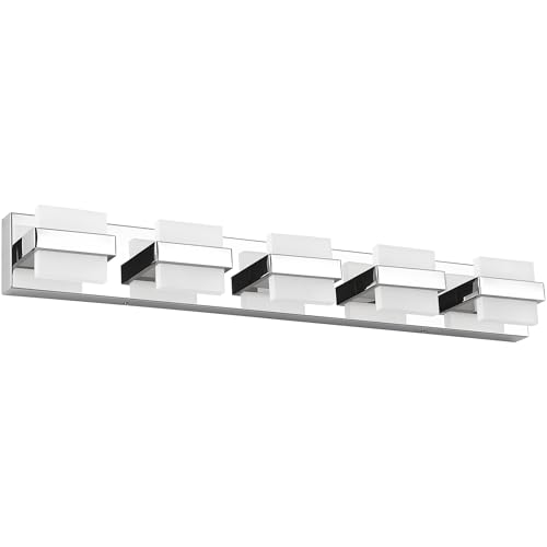 SOLFART Chrome 5 Light Bathroom Vanity Lights Over Mirror, Modern Chrome Bathroom Light Fixtures LED Lights Dimmable - color: Upgraded Chrome-6000K,100%-0% Dimmble Brightness, size: 5- Light,34Inch