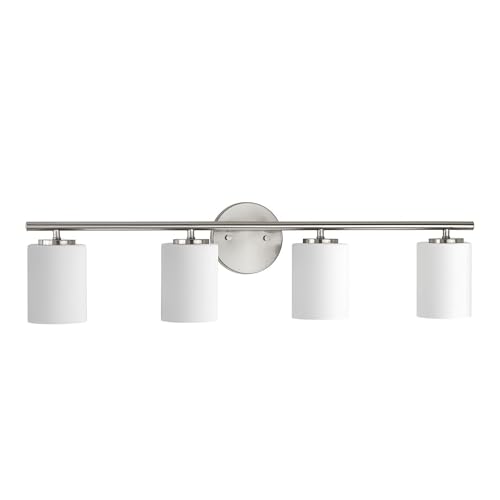 Progress Lighting 4-Light Etched White Glass Modern Bath Vanity Light, Replay Collection, Brushed Nickel (P2160-09) - color: Brushed Nickel, size: 4-Light