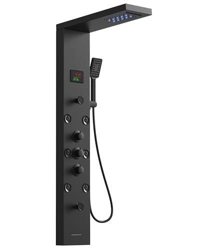 5 In 1 Shower Panel Tower System Stainless Steel Bathroom Panel Matte Black | LED Rain Waterfall Shower Head and Adjustable Massage Body Jets 3 Settings Handheld Head and Tub Spout by Homevacious - color: Matte Black