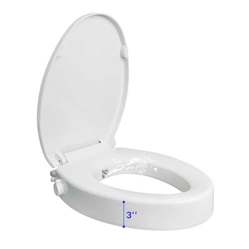 Raised Toilet Seat with Bidet for Seniors, 3" Height, Heavy Duty Slow Close Elevated Toilet Seat with Never Loosen Hinges, Fits Most Elongated Toilets, No Electric Cold Water Only (White 18.5")