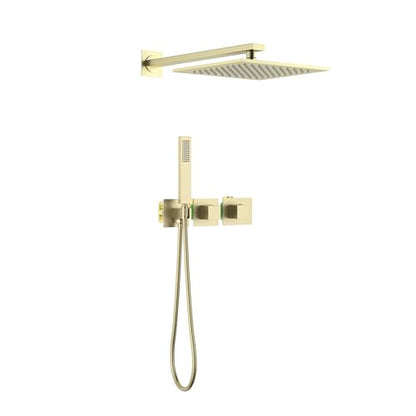 KIBI Cube Thermostatic Bathroom Shower System – 2-Function Wall Mounted Shower Set with Rough-In Valve, Modern Brushed Gold Finish, Durable Rust-Resistant Bathroom Shower Faucet Kit - color: Brushed Gold