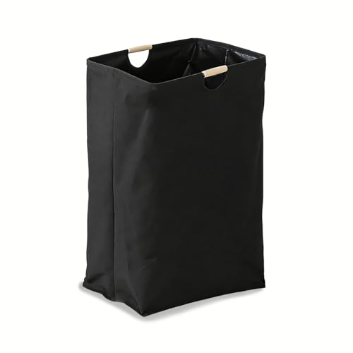 Collapsible Laundry Hamper Bag with Wooden Handles - 72L/19 Gallon Large Capacity Waterproof Oxford Cloth Storage Basket, Freestanding No Wire Frame, for Dorm Room, Bedroom, Bathroom (Max-Black) - size: Max-Black