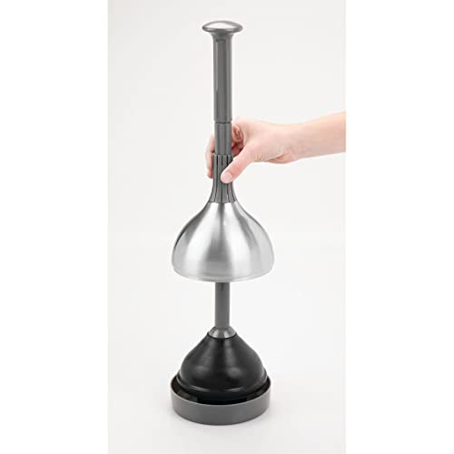 mDesign Bathroom Toilet Bowl Plunger Set with Lift & Lock Cover, Compact Discreet Freestanding Storage Caddy with Base, Modern Design - Heavy Duty Gray/Brushed Stainless Steel