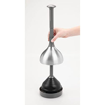 mDesign Bathroom Toilet Bowl Plunger Set with Lift & Lock Cover, Compact Discreet Freestanding Storage Caddy with Base, Modern Design - Heavy Duty Gray/Brushed Stainless Steel