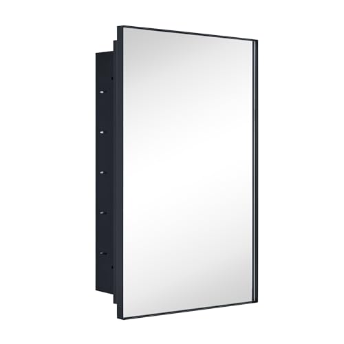 TEHOME Recessed Mount 16x26'' Squared Rectangle Matt Black Bathroom Medicine Cabinet with Mirror Black Metal Framed Rectanglular Medicine Cabinet 2 Adjustable Glass Shelves - color: Black