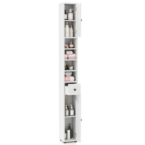 LDAILY 71”Tall Narrow Storage Cabinet, Skinny Bathroom Storage with 1 Drawer, 2 Doors, 5 Adjustable Shelves and Anti-Tipping Device, Wooden Slim Bathroom Cabinet for Office, Kitchen, Small Space - color: White