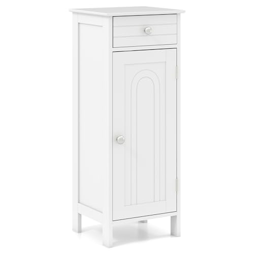 Tangkula Bathroom Floor Cabinet, Free-Standing Single Door Storage Cabinet with Drawer & 2 Adjustable Shelves, Wooden 14”L Narrow Side Storage Organizer for Small Spaces, Living Room, Kitchen (White) - color: White