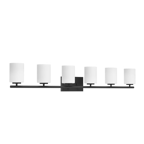 Progress Lighting Replay Collection 48 in. 6-Light Textured Black Etched White Glass Modern Bath Vanity Light - color: Textured Black, size: 6-Light