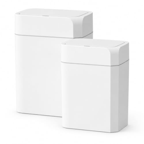 9L + 12L Motion Sensor Trash Can Set, White Automatic Plastic Garbage Bins, 2.4 Gal + 3.2 Gal Battery Operated Touchless Trash Can Set for Bathroom, Bedroom, Office