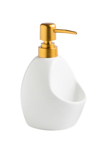 Ceramic Soap Dispenser with Sponge Holder – White Refillable Dish Soap Dispenser for Kitchen Sink, 2-in-1 Sink Organizer with Pump Bottle & Tray – Modern Farmhouse Countertop Accessory - color: White