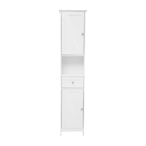 Flash Furniture Freestanding Bathroom Linen Tower Storage Cabinet, White | Farmhouse, Magnetic Close Doors, 2 Adjustable Shelves, Open Display Shelf - color: White