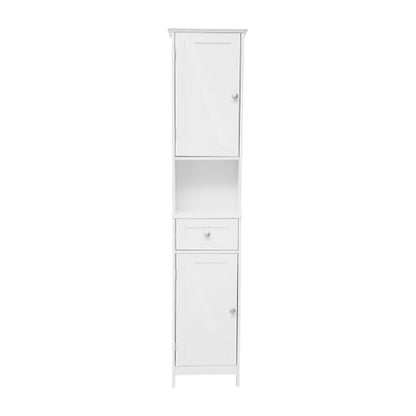 Flash Furniture Freestanding Bathroom Linen Tower Storage Cabinet, White | Farmhouse, Magnetic Close Doors, 2 Adjustable Shelves, Open Display Shelf - color: White