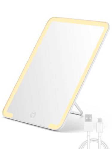 OMIRO 10 x 7 in Lighted Makeup Mirror, Desk Mirror for Shaving, White | Rechargeable Vanity Mirror with 3 Color Lighting, Adjustable Brightness, 2000 mAh Battery, Foldable Bracket, Distortion-Free - color: White-lighted, size: 10"L x 7"W