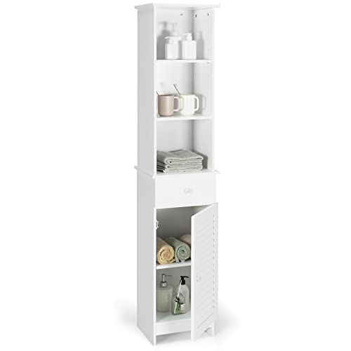 Tangkula Tall Bathroom Cabinet, Slim Storage Cabinet with 3 Tier Shelf, Drawer & Enclosed Narrow Floor Linen Tower Adjustable Shelves for Living Room, 13.5 x 12 64.5 Inches White