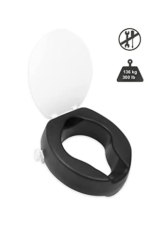KMINA 4 Inch Soft Raised Toilet Seat with Lid, 300 lb Capacity, Fits Round & Compact Elongated Bowls up to 15" Wide, Tool-Free Clamp-On Riser, Black - color: Black