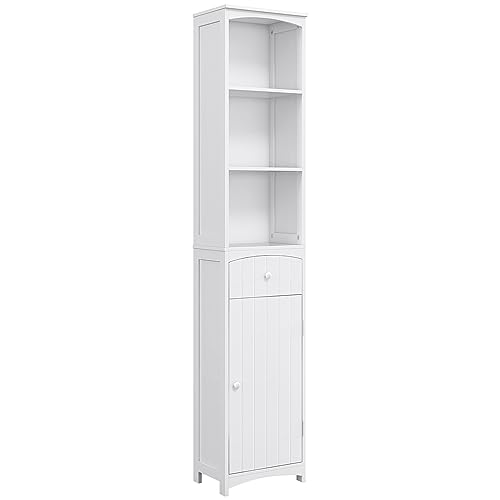 HOMCOM Bathroom Storage Cabinet Free Standing Bathroom Storage Unit White | Tall Linen Tower, 3-Tier Shelves, Drawer - color: White, size: 14 inches W x 10 inches D x 67 inches H