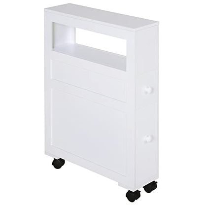 HOMCOM 6.25" x 20.5" x 28.25" Wood Rolling Narrow Bathroom Side Storage Cabinet - White - color: White