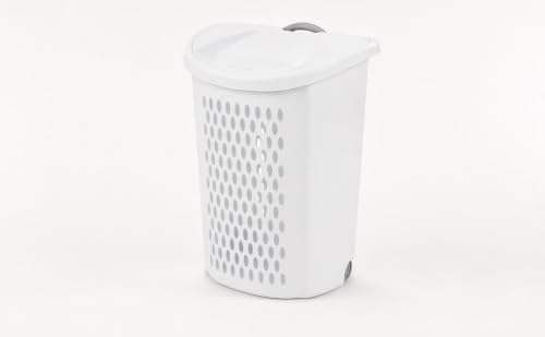 White Plastic Rolling Laundry Hamper with Lid and Ventilated Body | Large Rolling Laundry Hamper with Lid & Telescoping Handle - Portable Plastic Clothes Basket on Wheels for Bedroom