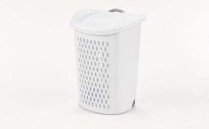 White Plastic Rolling Laundry Hamper with Lid and Ventilated Body | Large Rolling Laundry Hamper with Lid & Telescoping Handle - Portable Plastic Clothes Basket on Wheels for Bedroom
