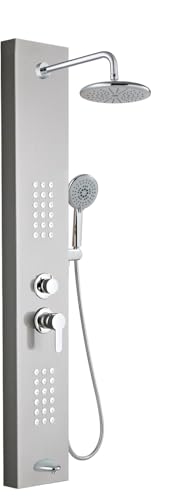 ROVOGO Shower Panel Tower System with Rainfall Shower Head, Body Jets, Handheld and Tub Spout, Stainless Steel Shower Column with Mixing Valve, 47.2"H x 7.9"W, Brushed